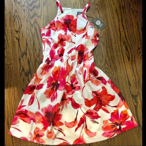 VINCE CAMUTO White Floral Fully Lined Pintuck Dress With Full Skirt Sz 6 - Picture 11 of 12